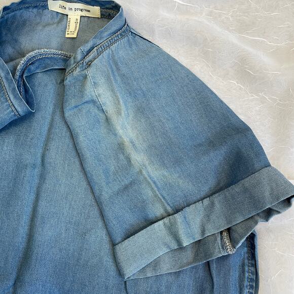 🌞 Light Blue Denim Chambray T-shirt Smock Shirt Forever 21 Life in Progress XS - Picture 14 of 16